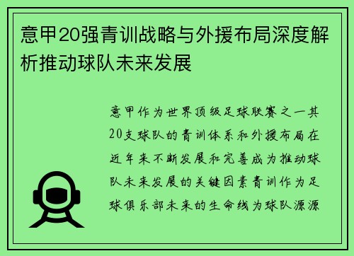 意甲20强青训战略与外援布局深度解析推动球队未来发展