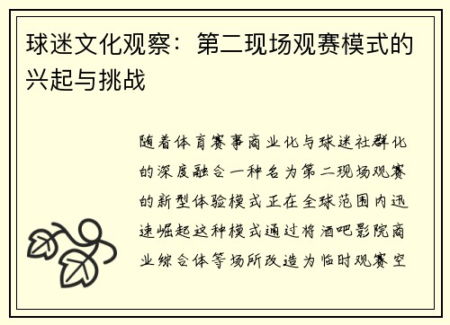 球迷文化观察：第二现场观赛模式的兴起与挑战